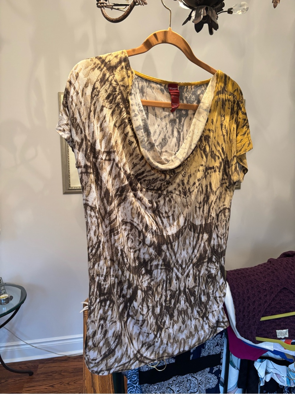 Cowl Neck Short Sleeve Tee in Yellow and Brown - Olsen